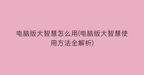 电脑版大智慧怎么用(电脑版大智慧使用方法全解析)